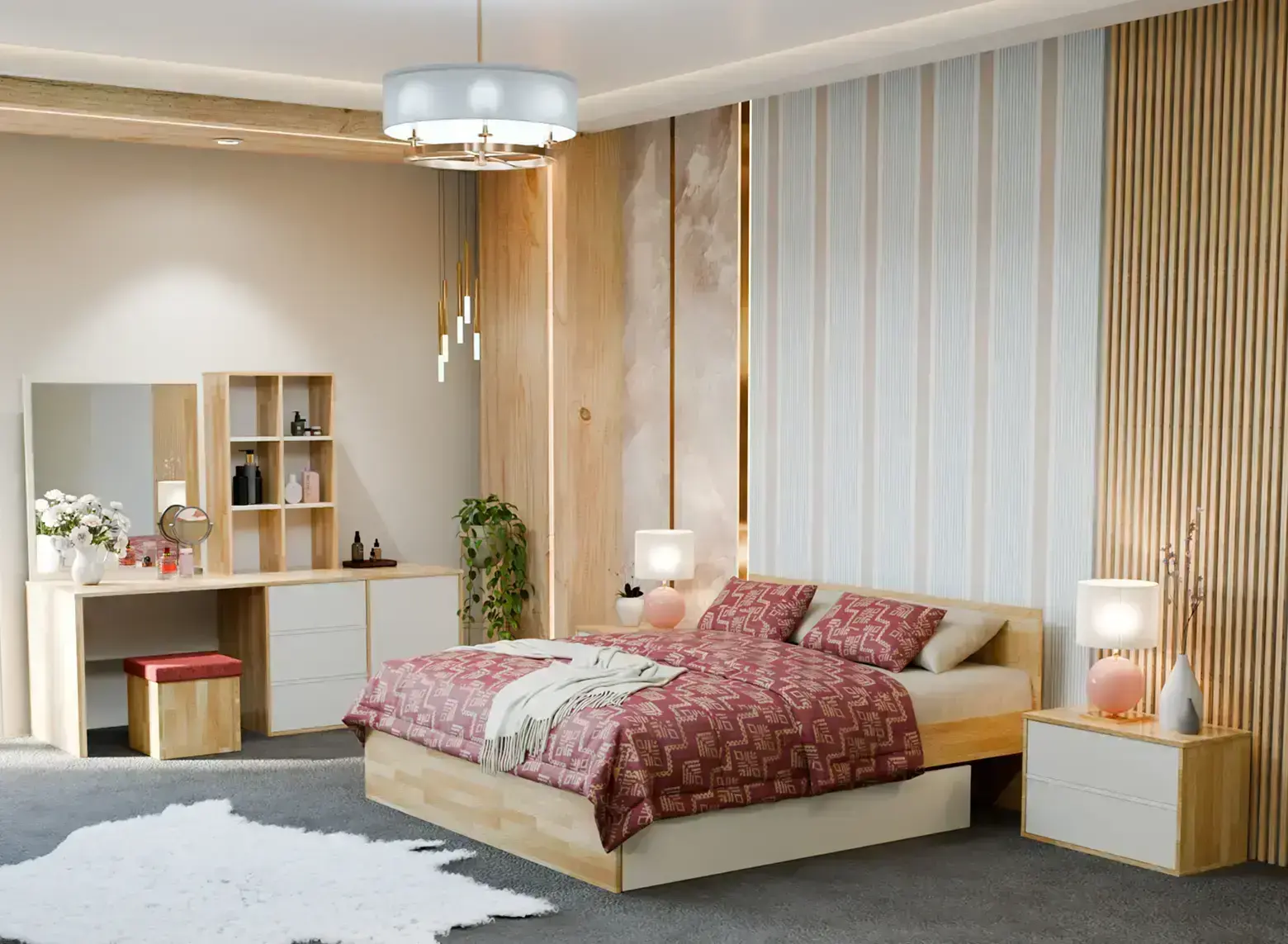 Cozy Bedroom with Vanity and Warm Wood Accents